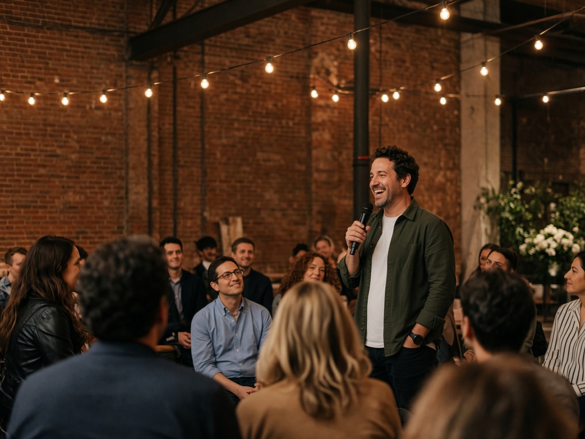 Speaker laughing with an audience at an Austin corporate event
