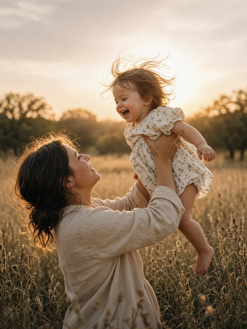 Mother lifting her laughing toddler during a golden-hour family session near Austin