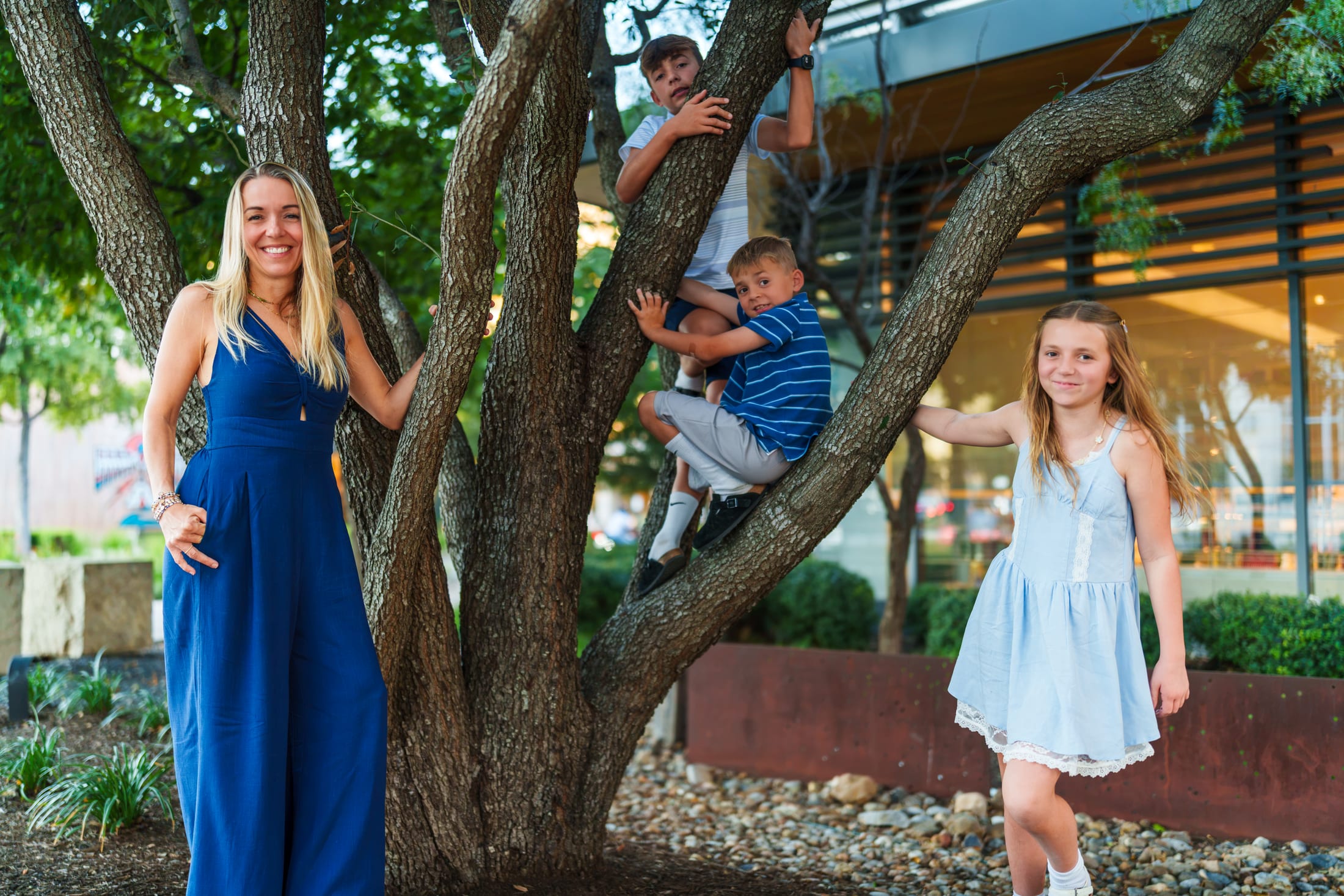 Family of four around a tree