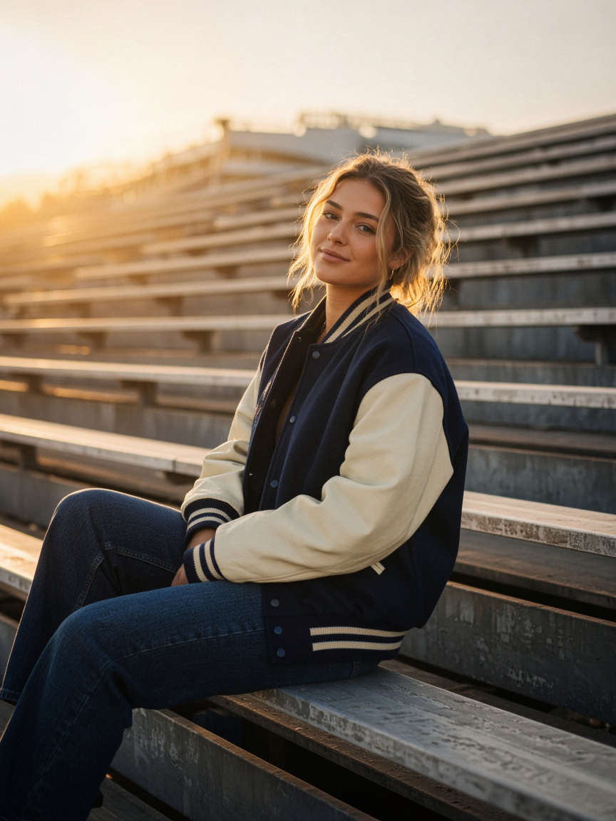High school senior portrait on stadium bleachers at golden hour